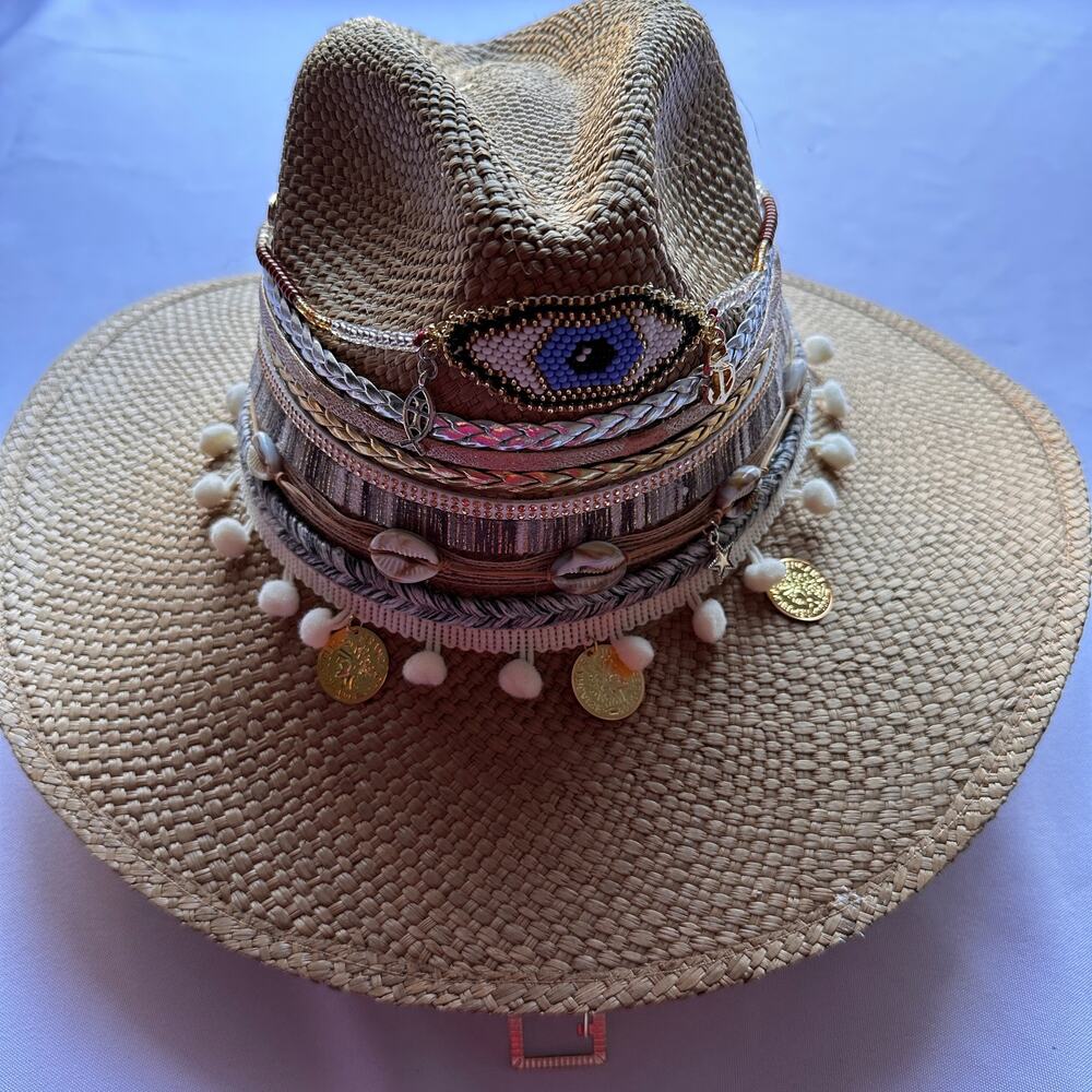 Handmade Jeweled Colombian Hat Evil Eye NEW SMALL Silver Neutral Beach Seashell